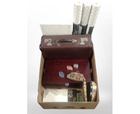 A group of trinket boxes including Kashmir hand-painted papier-mâche example, onyx cigarette box, pill boxes, suitcase, etc.,
