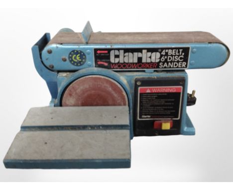 A Clarke Woodworker 4-inch belt, 6-inch disc sander.