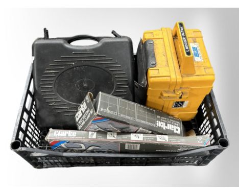A group of boxed power tools including two Clark welding clamp sets, a camping stove, etc. (1 box)