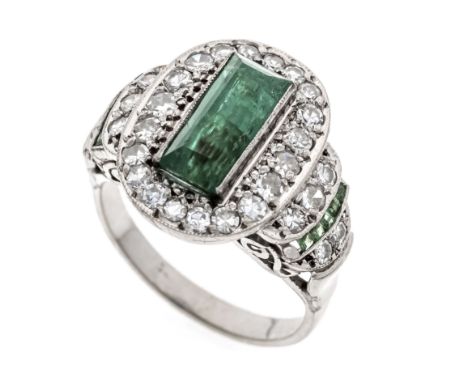 Art Déco Smaragd-Ring WG 333/000 und Silber 500/000 ungest., gepr., mit einem fac. Smaragd-Baguette 1,58 ct Dunkleres Grün, t