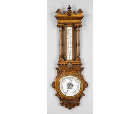 Große Wetterstation, 19./20. Jh., architektonisch aufgefasstes und ornamental beschnitztes Wandteil, Thermometer mit Quecksil