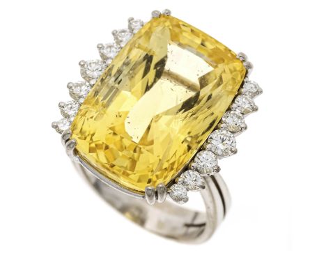 Saphir-Brillant-Ring WG 750/000 mit einem im Ceylonschliff fac. exzellenten Saphir 27,50 ct in einem feinen leuchtenden Gelb 
