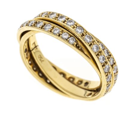 Überkreuz-Brillant-Ring GG 750/000 mit 57 Brillanten, zus. 1,10 ct W/SI-PI, RG 54, Ringschiene innen gebrochen aber stabil, 6