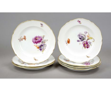 Sieben Vorspeisen- o. Dessertteller, KPM Berlin, Marken 1870-1945, 1. W., 4x Kriegsmarke 1. WK, rote Reichsapfelmarken, 5x Ja