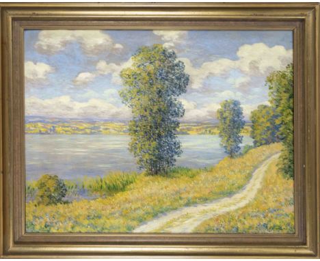 R. Hofmann, dt. Maler um 1930, Sommerlandschaft am Seeufer, Öl auf Lwd., u. re. sign. u. dat. ''R. Hofmann (19)33'', 60 x 80 