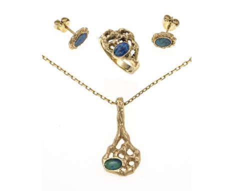 3-teiliges Opal-Set 585/000 in naturalistischen Design mit 4 ovalen Opal-Doupletten 6 x 4 mm in lebhaftem blaugrünem Farbensp
