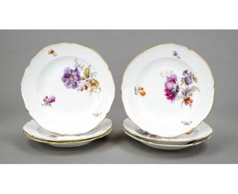 Sechs Speiseteller, KPM Berlin, Marken 1870-1945, 1. W., 1x Kriegsmarke 1. WK, rote Reichsapfelmarken, 5x Jahreszeichen R und