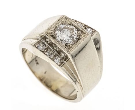 Brillant-Ring WG 585/000 mit einem brillanten 0,85 ct l.get.Weiß/SI3-P1 und 6 Diamanten, zus. 0,03 ct, RG 55, 12,3 g