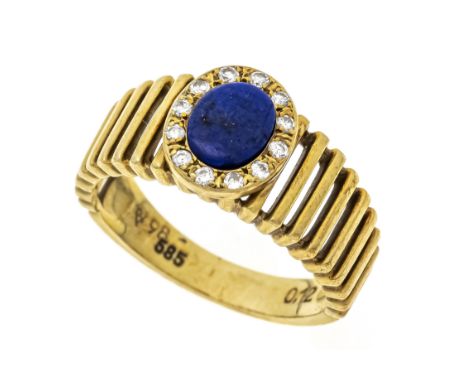 Lapislazuli-Brillant-Ring GG 585/000 mit einer ovalen Lapislazuli-Platte 7 x 5,5 mm und 12 Brillanten, zus. 0,12 ct (punziert