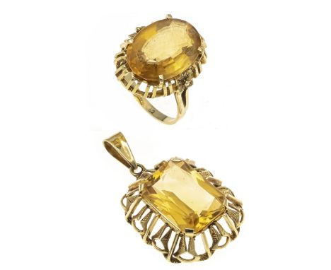 2-teiliges Citrin-Set GG 585/000 mit 2 unterschiedlich fac. Citrinen 17,7 x 12,8 und 18,1 x 13,0, Anhänger L. 38 mm, Ring RG 