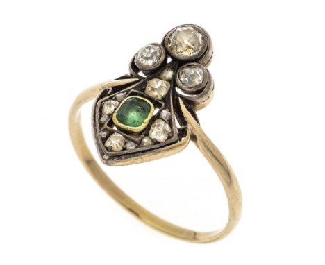 Jugendstil Smaragd-Diamant-Ring GG 585/000 und Silber ungest. gepr., mit einem fac. Smaragd 3,6 x 3,0 mm Grün, transluzent, b
