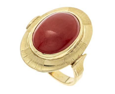 Korallen-Ring GG 585/000 mit einem ovalen Korallen-Cabochon 15,3 x 11,0 mm in einem kräftigen ganz leicht orangestichigen Rot