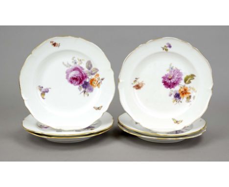 Sechs Vorspeisen- o. Dessertteller, KPM Berlin, Marken 1870-1945, 1. W., 2x Kriegsmarke 1. WK, rote Reichsapfelmarken, 4x Jah