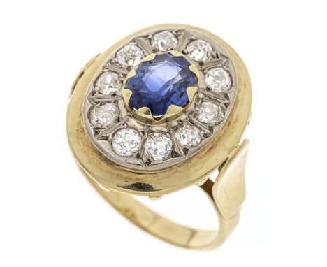 Saphir-Altschliff-Diamant-Ring GG 585/000 mit einem oval fac. Saphir 1,29 ct in einem leuchtenden Blau, transparent mit natür