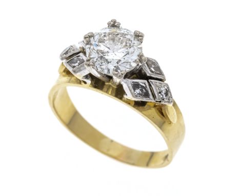 Brillant-Solitär-Ring GG/WG 750/000 ungest., gepr., mit einem Brillanten 2,10 ct l.get.W/PI2, wohl beh., sowie 4 Diamant-Nave