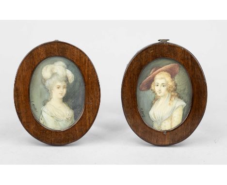 Paar Miniaturen, 19. Jh., Frauenbildnisse. 1 x signiert ''K. Berg'', 1 x signiert ''L. (oder C?) Mellek''. Beide hinter Glas 