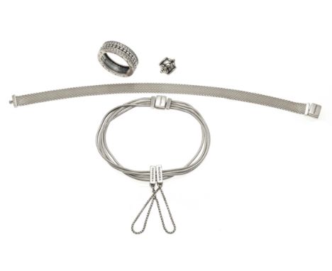 4-teiliges Pandora-Konvolut Silber 925/000 1 x Milanaise-Armband L. 18,6 cm, 1 x 4-reihiges Schlangen-Armband mit SI-Kettchen