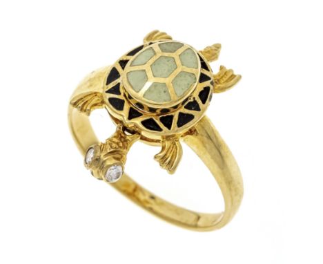 Motiv-Ring GG 585/000 in Form einer Schildkröte mit dunkelblauer und cremefarbener Emaille sowie 2 weißen rund fac. Schmuckst