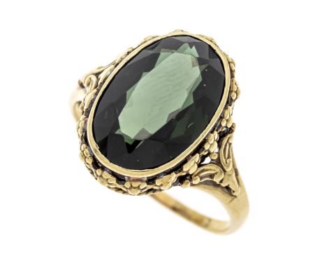 Turmalin-Ring GG 585/000 mit einem oval fac. Turmalin 4,85 ct in einem dunklen Tannengrün, Augenrein, 14,82 x 9,67 x 5,22 mm,