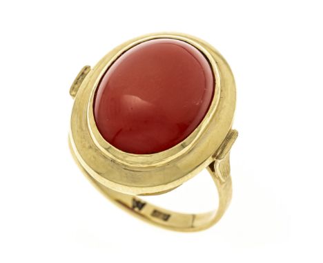 Korallen-Ring GG 585/000 mit einem ovalen Korallen-Cabochon 15,8 x 12,0 mm in einem kräftigen ganz leicht orangestichigen Rot