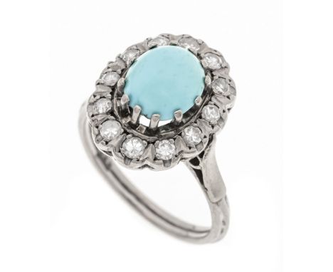 Türkis-Diamant-Ring WG 585/000 mit einem ovalen Türkis-Cabochon 8,1 x 7,5 mm und 12 Achtkant-Diamanten, zus. 0,40 ct W/SI-PI,