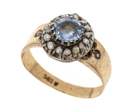 Saphir-Diamant-Ring RG 585/000 mit einem oval fac. Saphir 5,5 mm, vermutlich zeittypische Synthese und Diamantrosen, und Saat