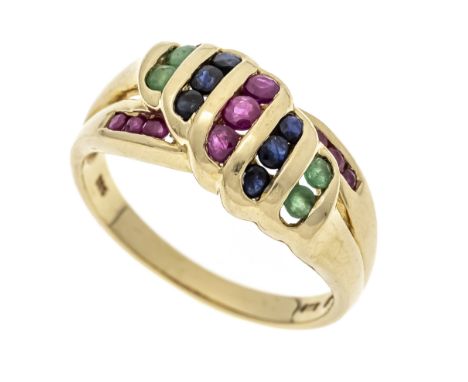 Multicolor-Ring GG 585/000 mit 6 rund fac. Saphiren, 4 rund fac. Smaragden und 3 rund fac. Rubinen 2,5 - 1,8 mm, opak, RG 56,