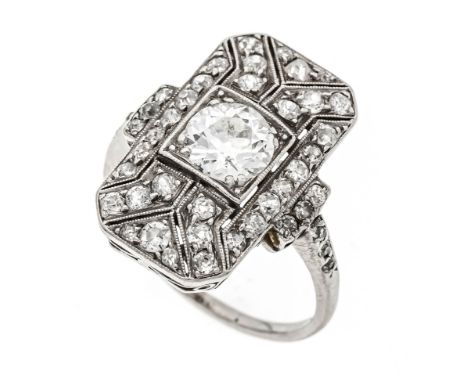 Art Déco Ring Platin 700/000 ungest., gepr., mit einem Altschliff-Diamanten 1,20 ct W-l.get.W/SI-PI und 44 Altschliff-Diamant