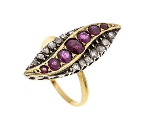 Rubin-Diamant-Schiffchen-Ring GG/WG 750/000 mit 7 oval und rund fac. Rubinen 4,4 x 3,4 - 1,9 mm, Rot, transluzent - opak und 