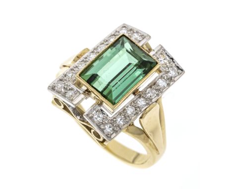 Turmalin-Diamant-Ring GG/WG 585/000 mit einem feinen fac. Turmalin 10 x 7 mm in einem Petrol-stichigen Blaugrün, Augenrein, l