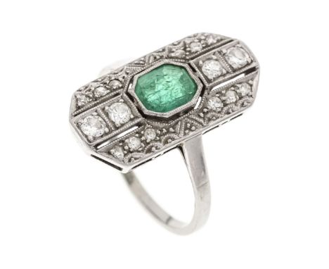 Art Déco Smaragd-Diamant-Ring WG 585/000 mit einem im Asscher-Schliff fac. Smaragd 0,58 ct in einem leghaften Grün, transpare