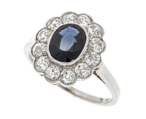 Saphir-Altschliff-Diamant-Ring WG 585/000 mit einem oval fac. Saphir 7,44 x 6,17 mm, Blau, transparent, vermutlich zeittypisc