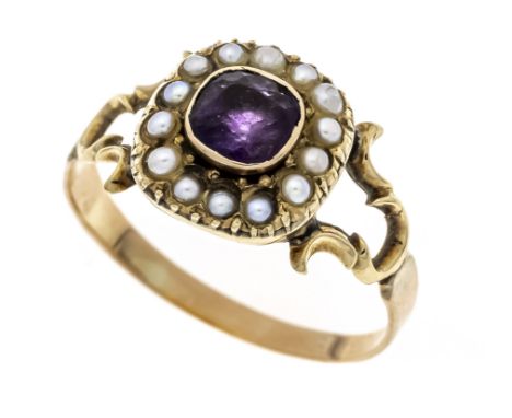 Amethyst-Ring GG 585/000 ungest., gepr., mit einem quadratisch fac. Amethyst 4,7 mm, stark berieben und cremeweißen Saatperle