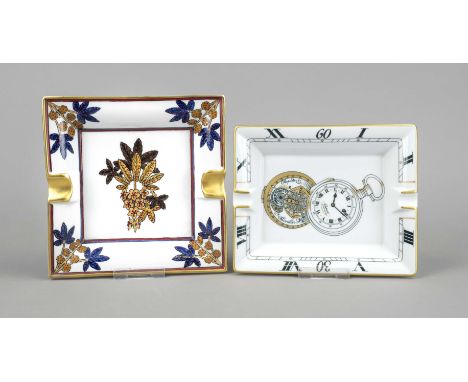 Zwei Aschenbecher, Frankreich, 20. Jh., 1 Werbeaschenbecher für Chopard Geneve, Dekor mit Taschenuhren, Limoges, 20 x 16 cm, 