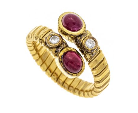 Offener Rubin-Brillant-Ring GG 750/000 ungest., gepr., mit 2 ovalen Rubin-Cabochons 5,0 x 4,0 mm Rot, transluzent - opak, und