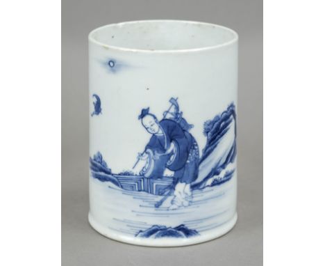Blau-Weiß-Pinselbecher im Kangxi-Stil, China, Porzellan mit kobaltblauem Unterglasurdekor eines Weisen mit Fledermaus, sign. 