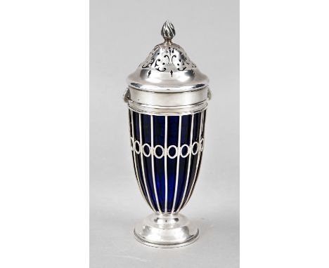 Zuckerstreuer, England, 1902, MZ verschlagen wohl Haseler Broth. Chester, Sterlingsilber 925/000, runder Stand, Korpus mit si