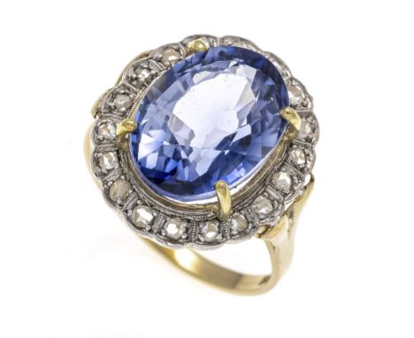 Saphir-Diamantrosen-Ring GG/WG 585/000 mit einem oval fac. synth. Sahir 14 x 10 mm und Diamantrosen, RG 54, 6,4 g