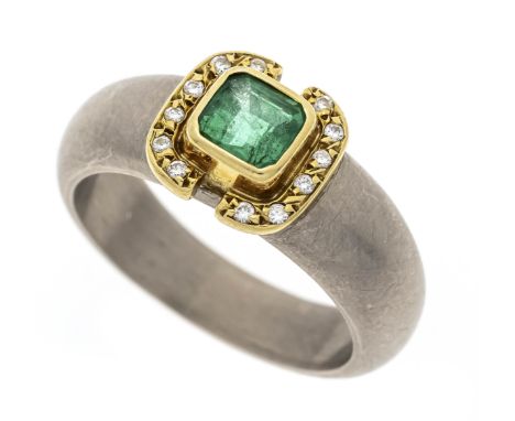 Smaragd-Brillant-Ring WG/GG 750/000 mit einem fac. sehr guten Smaragd 0,95 ct in einem feinen grün und 12 Brillanten, zus. 0,