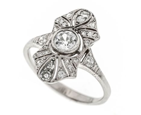 Art Déco-Ring WG 750/000 mit einem Altschliff-Diamanten 0,34 ct l.get.W/VS-SI und 26 Altschliff-Diamanten, zus. 0,22 ct l.get
