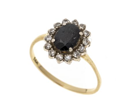 Saphir-Diamant-Ring GG/WG 585/000 mit einem oval fac. Saphir 0,90 ct Dunkelblau, opak, 6,7 x 4,8 x 3,6 mm und 14 Achtkant-Dia