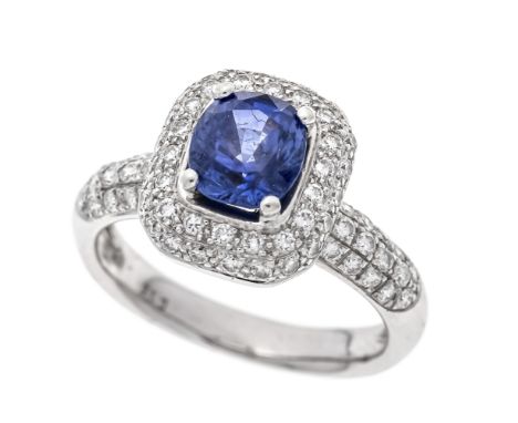 Saphir-Brillant-Ring WG 750/000 mit einem im Antikschliff fac. exzellenten Saphir 1,49 ct in einem feinen leuchtenden Blau un