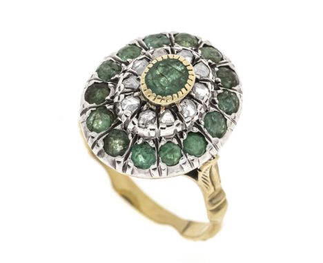 Smaragd-Diamantrosen-Ring GG 750/000 und Silber mit rund und oval fac. Smaragden sowie Diamantrosen, RG 57, 5,0 g