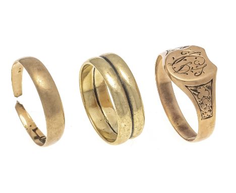 3-teiliges Ring-Konvolut GG 333/000 1 x mit Wappen, leicht verbeult, eine Ringschiene durchschnitten, RG 63, 57 und 56, 8,7 g