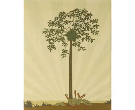 LANG, FRITZ (1877-1961), "Pelikane unter einer Palme", 1948, im Hintergrund stilisierte Sonnenstrahlen, u.re. monogrammiert u