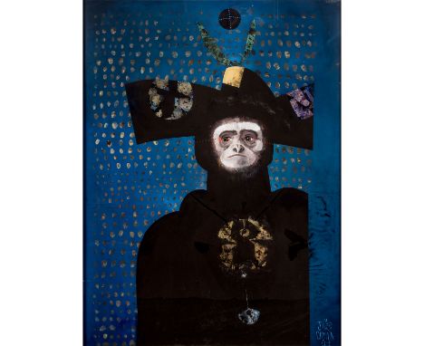 CIUHA, JOZE (1924-2015), Hinterglasbild "Primat in herrschaftlichem Kostüm", 1977, figürliche Komposition vor dunkelblauem Hi