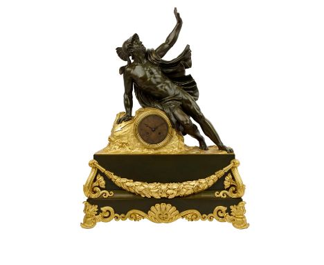 GROßE CHARLES X KAMINUHR, Frankreich, 1. Hälfte 19. Jh., Bronze patiniert und feuervergoldet, oben die monumentale Darstellun