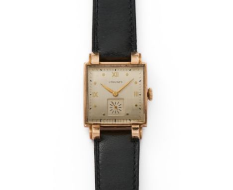 Herrenarmbanduhr Longines,Schweiz 1940er Jahre. 14 kt RG. Handaufzug. Ref.-Nr. 5857. Werk-Nr. 8LN 7274132. Quadrat. poliertes