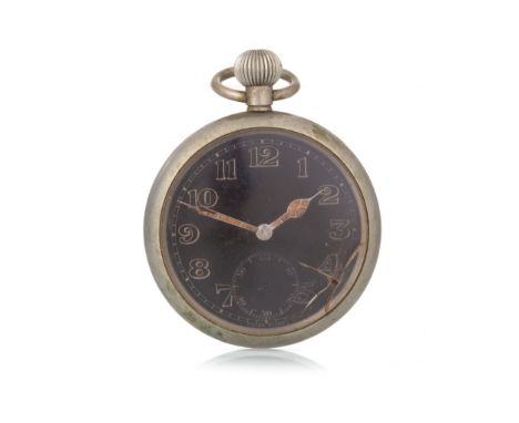 the round black dial with Arabic hour markers, railroad outer seconds track, subsidiary dial at 6, 52mm case with broad arrow