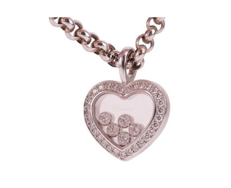Chopard - a 'Happy Diamonds' heart pendant on chain, heart-shaped glazed motif enclosing five floating brilliant-cut diamonds